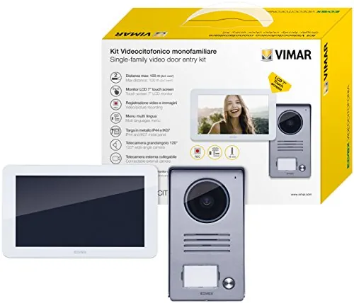 "Vimar K40915 Kit videoportero de superficie que incluye: videoportero táctil LCD 7"", placa audio/vídeo 1 pulsador, alimentador con enchufes intercambiables; incluye soporte", blanco