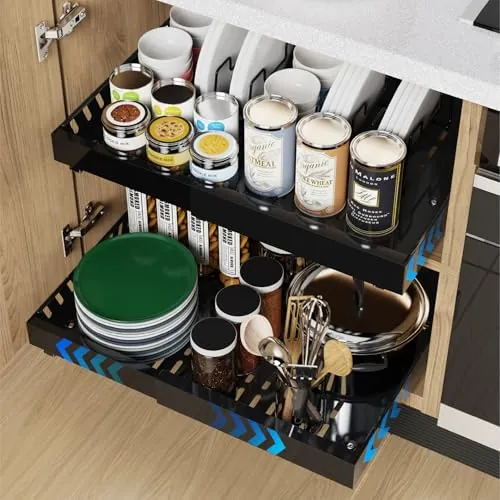 iHomara Paquete de 2 organizadores de armario extensibles con adhesivo, cajones de 53 cm de profundidad para cocina, 8 estantes para tapas de ollas, ancho ajustable de 32 a 53 cm