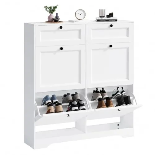 Xbro Zapatero Estrecho Entrada Recibidor, Mueble Zapatero de Madera 4 Abatibles y 2 Cajones,10 Pares de Zapatos, Zapatero para Pasillo y Salón, Medidas 95×25×102cm Blanco