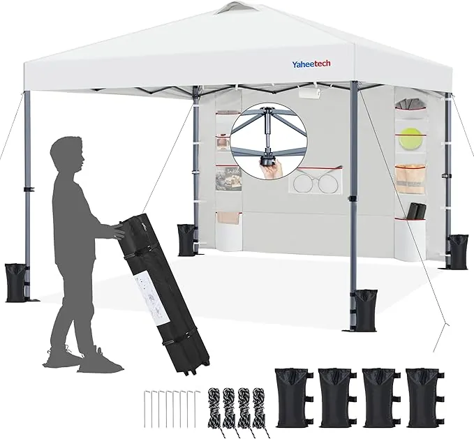 Yaheetech Carpa Pop-Up con Botón Central con Pared Lateral de 9 Bolsillos de Almacenamiento, Altura Ajustable 1 Bolsa con Ruedas 4 Sacos de Arena para Playa, Patio, Camping y Jardín (Blanco, 3x3M)