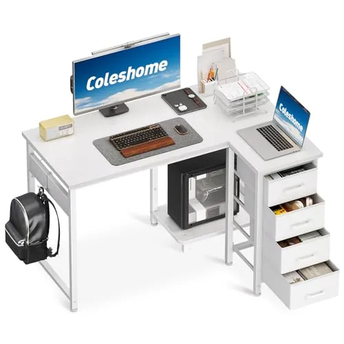 Coleshome Escritorio Esquinero con 4 Cajones de Tela, 100x70cm Escritorio en L Reversible con Almacenamiento y Estanteria, Mesa Escritorio para Oficina en Casa y Dormitorio, Blanco