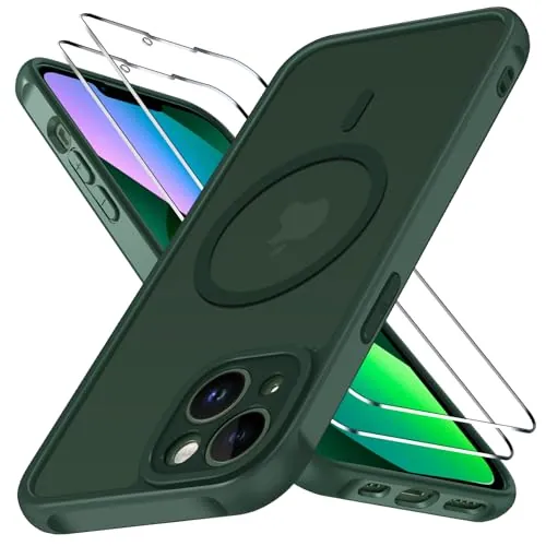 ivoler Funda Magnética para iPhone 13 con 2 Piezas Cristal Templado, Compatible con MagSafe, [Protección Militar] Protectora Antiarañazos Translúcida Mate Silicona Case, Verde Oscuro