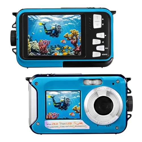 Cámara Digital Impermeable,Couleeur Full HD 2.7K 48MP Doble Pantalla Anti-Shake con micrófono LED Disparador automático y Zoom Digital 16X para niños Adolescentes (Azul)