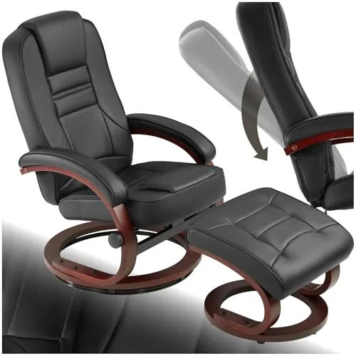 tectake® sillón Relax Reclinable con Taburete, Respaldo Oscilante y 360° Giratorio, Cómodo Acolchado con Funda de Cuero Sintético, Ideal para Salón, Dormitorio o Lectura - Negro