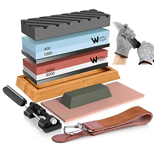 Piedra de Afilar Kit para Cocina - 400/1000 3000/8000 Corindón Afilador Cuchillos con Base antideslizante Silicona Guía ángulo Aplastamiento correa cuero Guantes resistentes a cortes