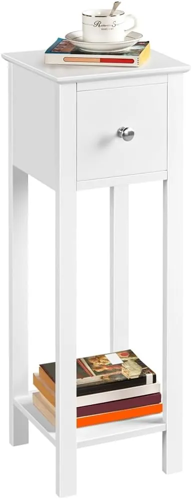 Yaheetech Mesita de Noche de Estrecha 25x25x70cm Mesita de Noche Alto con Cajón Mueble para Teléfono de Sofá, Dormitorio Color Blanco