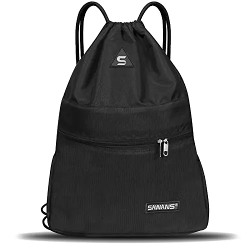 SAWANS Bolsa deportiva de gimnasio con cordón, bolsa impermeable con bolsillo para mujeres y hombres, kit de viaje para senderismo, escuela, estudiantes, bolsa de polietileno al aire libre (Negra)