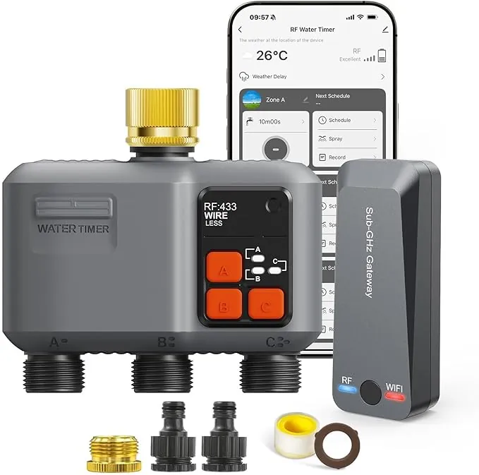 johgee Programador de Riego WiFi 3 Salidas con Entrada de latón/Gateway Tecnología RF 300M, Temporizador Riego Automático para Riego de Jardín Compatible con La Aplicación Alexa y Smart Life