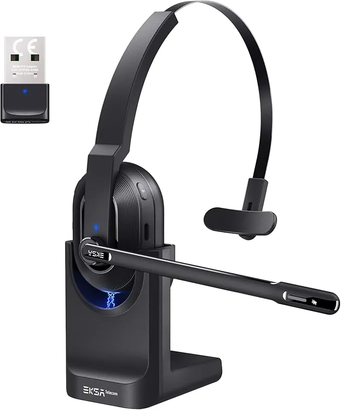 EKSA H5 Auriculares BT con Micrófono y USB Dongle 45 Tiempo de Reproducción Auriculares Inalambricos PC, Cascos con AI Micrófono Cancelación Comerciales para Oficina/Hogar