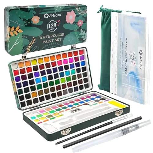 Artecho Juego de pintura de acuarela de 128 colores en caja portátil con paleta de acuarela, papeles de acuarela y pinceles, ideal para adultos, artistas y aficionados