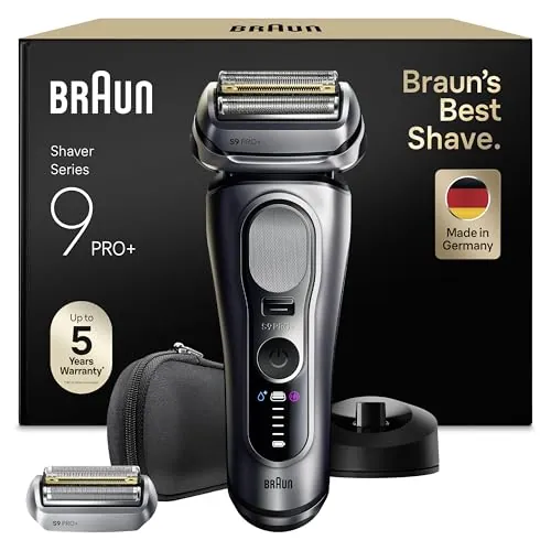 Braun Series 9 Pro+ Afeitadora Eléctrica Hombre, 9617PSI, Plata - Máquina de Afeitar Barba con Tecnología 5+1, Resistente al Agua, 60 Min de Uso, 1 Cabezal Extra, Base de Carga, Estuche de Viaje