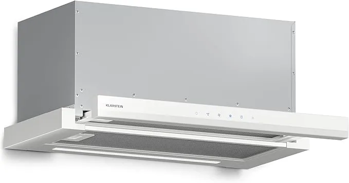 Klarstein Velaire Campana Extractora Integrada 60cm, 896 m³/h, Clase A++, Motor Silencioso, Control Táctil, LED, Filtros de Carbón, Campana Telescópica para Cocina Moderna, Blanco