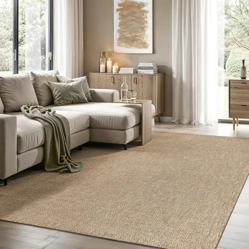 the carpet Kansas - Alfombra para Exterior e Interior con Aspecto de Yute Natural, Resistente a la Intemperie, Apta para Patio y jardín, Naturaleza, 240 x 340 cm