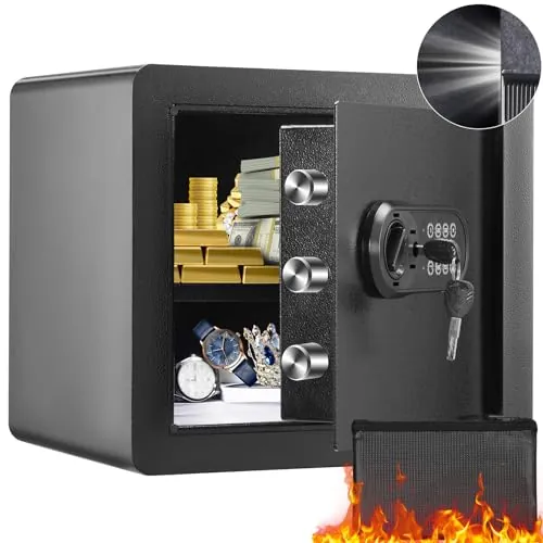VEVOR Caja Fuerte Digital de 34 L Caja Fuerte de Seguridad 2 Tipos de Desbloqueo Contraseña y Llaves Antirrobo Estructura de Acero Antirrobo con Alarma para Hogar Plata Joyería, 400 x 300 x 350 mm
