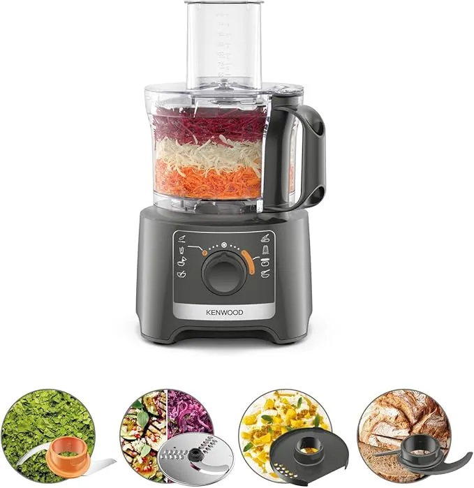 Kenwood Multipro Compact FDP31.020GY Modelo 2023, Robot picador de cocina con 2 velocidades de procesamiento + pulso, cuenco de 2,1 L, cortador eléctrico para picar, rallar y amasar, 800 W