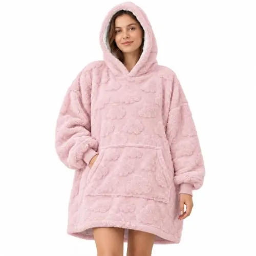 Sudadera Manta con Capucha, Batamanta Unisex Adulto, Talla Única, Rosa | Doble capa suave, relieve de nubes, interior blanco tipo borreguito, bolsillo canguro y puños elásticos para estar en casa