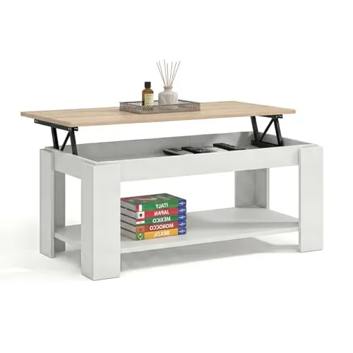 duehome | Mesa de Centro Elevable, Mesa Auxiliar, Modelo LYA, Acabado en Color Blanco Artik y Roble Canadian, Medidas: 102 cm (Largo) x 50 cm (Ancho) x 43-54 cm (Alto)