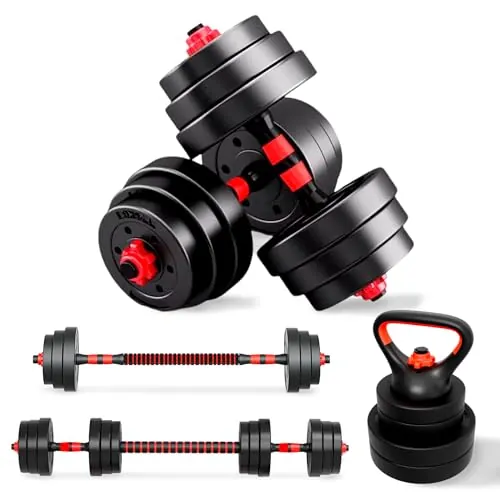 JUPPLIES Juego de Mancuernas Ajustables 4 en 1 + Kettlebell - 10kg 20kg 35kg - Kit de Pesas con Barra Recta Ajustable y Antideslizante - Pesas y Mancuernas Discos Recubiertos - Set de 20 kg