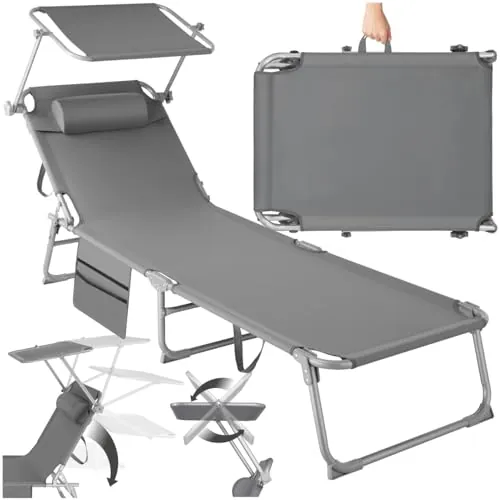 tectake® Tumbona Jardín Exterior de Acero, Tumbona Plegable con Reposacabezas, Parasol y Bolsillo Lateral, Tumbona Playa Reclinable 6 Posiciones, para Piscina Resistente a Intemperie - Gris