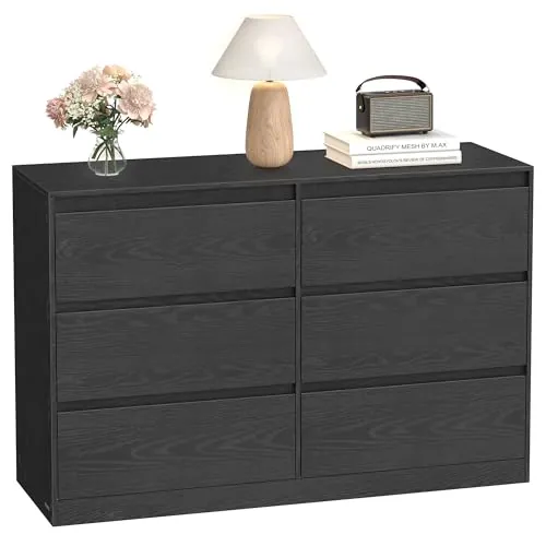 VASAGLE Colección Kailyn - Cómoda de 6 Cajones para Dormitorio, Armario de Almacenamiento, Mueble para Ropa, 40 x 119,4 x 75 cm, Estilo Moderno, Negro Ébano LTS616B01