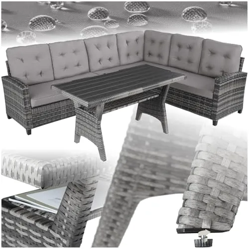 TecTake® Conjunto Jardín de Ratán Combinable con Cojines 9 cm, Conjunto Terraza Resistente a la Intemperie, Muebles Jardín Exterior 2 Sofás, 1 Sofá Esquinero, 1 Mesa con Pies Ajustables - Gris