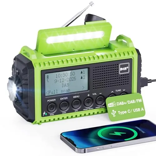 Radio Portátil Dab/FM con Batería Recargable, Digital Solar con Manivela para Exteriores con Cargador USB, Alarma SOS de Emergencia, Resistente al Agua IPX4, Apto para Senderismo, Camping