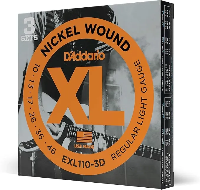 D'Addario EXL110-3D Cuerdas de Guitarra Eléctrica Bobinadas en Níquel, Luz Regular, 10-46, 3 Juegos, 10-46, Regular Light, 3-Pack