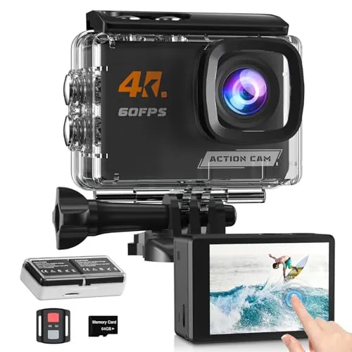 4K60FPS Cámara Deportiva Pantalla Táctil, 40M Cámara Acuática con Tarjeta SD 64G, Estabilización 6-Ejes Cámara de Acción 48MP WiFi Videocámara con 8X Zoom 2*1350 mAh Baterías Accesorios Kits