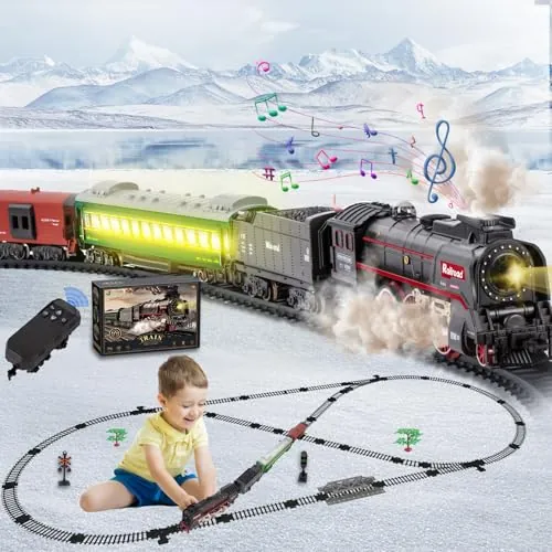 Joellfuner Tren Eléctrico con Mando a Distancia y 3 Salidas de Vapor | Tren de Navidad Eléctrico Con Vías, Diseño Clásico para Lucir Bajo el Árbol de Navidad, Ideal Como Regalo para Niños Y Niñas
