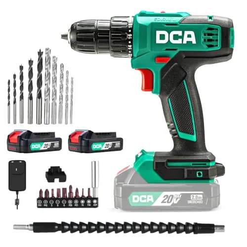 DCA Taladro Atornillador Inalámbrico 20V 40 Nm, Portabrocas 10 mm, 2*2,0 Ah | 18+1 posiciones de par; incluye batería de 2,0 Ah, cargador y 25 accesorios para perforar, atornillar y trabajos de bricolaje