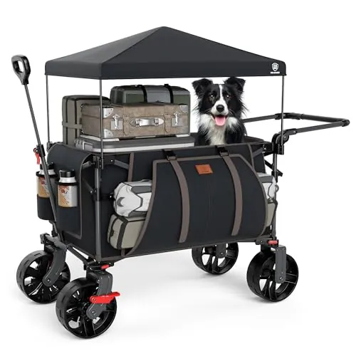 EVER ADVANCED Carrito de Festival de 228 L con Ruedas con toldo extraíble, Carrito de Camping Resistente de 150 kg, Carrito de Playa de Empuje y tracción con 3 Bolsillos Grandes, Negro