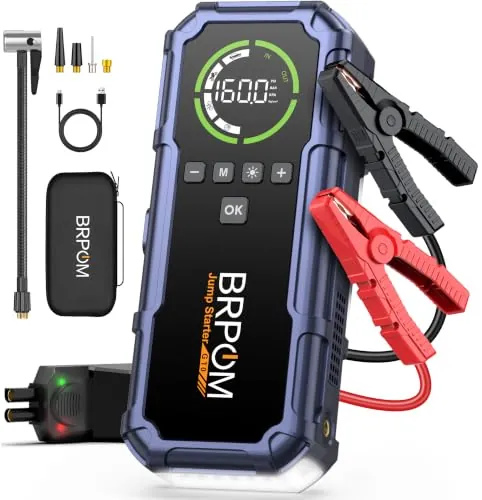 BRPOM Arrancador de Batería Coche 9000A 12V con Compresor 160PSI, Booster Batería Portátil con Inflador Neumáticos, Pantalla LED, Luz 600LM, Pinzas Inteligentes, para Coches y Motos