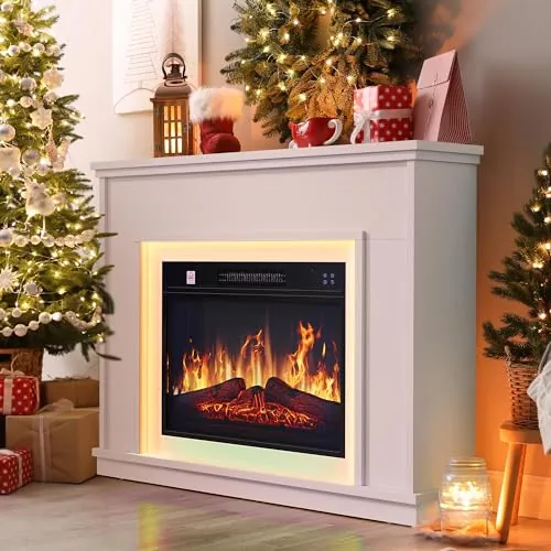 YITAHOME Chimenea Electrica Blanco, 23″ Chimeneas Electricas Decorativas con Efecto de Llama Realista en 3D, Chimeneas Electricas con Temporizador y LED Tira de Luces Ajustable de 24 Colores