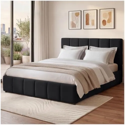 tectake® Cama Tapizada 180 x 200cm, Terciopelo Acolchado, Somier Láminas