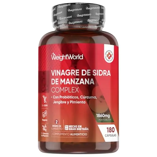 Vinagre de Sidra de Manzana 1860 mg - 180 Cápsulas con Probióticos, Cúrcuma, Jengibre y Pimienta de Cayena - Suplemento para 2 Meses de Suministro - Sin OGM y Apto para Veganos
