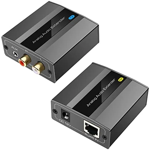 VEDINDUST Extensor de Audio Analógico RCA Auriculares Estéreo sobre Ethernet Cat5e 6 450 Metros Soporte PCM 2.0 para PS4 Auriculares Receptor AV Audio Amplificador Altavoz