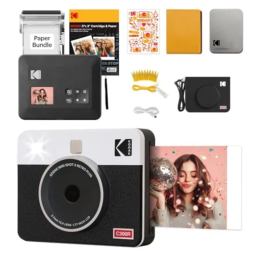 KODAK Mini Shot 3 Retro 4PASS 2-en-1 Cámara Instantánea e Impresora Fotográfica (7,6x7,6cm) + Paquete de Accesorios 68 Hojas, Blanco