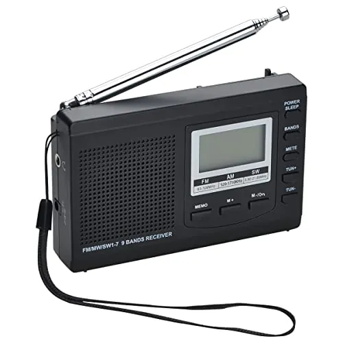 COVVY Am/FM SW1-7 Receptor de Radio portátil de 9 Bandas con Altavoz y Auricular,excelente recepción 12/24H Radio Digital con Pantalla de Tiempo,luz de Fondo, Reposo,Alarma Ascendente,con Pilas