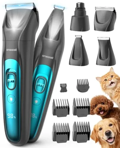 oneisall Cortapelos silencioso para perros y gatos con luz LED, para el cuidado del pelo de mascotas, Cortapelos para perros& Recortador de uñas& Molinillo de garras (Azul, 4 en 1)