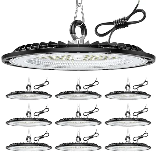 10 Pack 200W UFO LED Lámpara de Alta Bahía, 30000LM Focos Led Interior Techo, 6000K Blanco Frío Iluminación de Almacén, IP65 Impermeable Lampara Industrial Para Patio, Garaje, Fábrica, Taller
