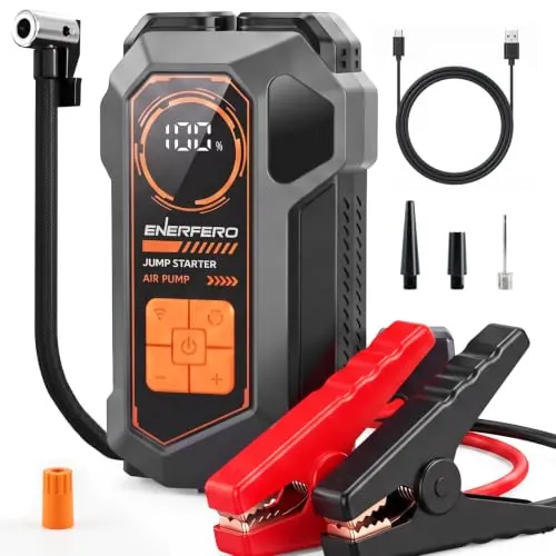 Enerfero 10000 A 12V Arrancador Baterias Coche con Compresor Aire 150PSI | Arrancador Coche Prtatil con Inflador, Jump Starter 12V (Todo Gasolina o 12L Diésel), con Pantalla LED y Luz de Emergencia