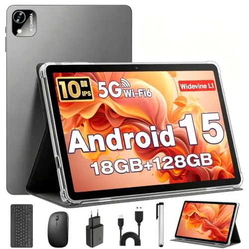 Tablet 10 Pulgadas, Tableta Android 15 con Funda, Ratón & Teclado, Octa-Core, 18 GB RAM + 128 GB ROM + 1 TB TF, Pantalla IPS HD 1280x800, Cámara Dual, 6000 mAh, WiFi 6, BT 5.0, Widevine L1, GPS