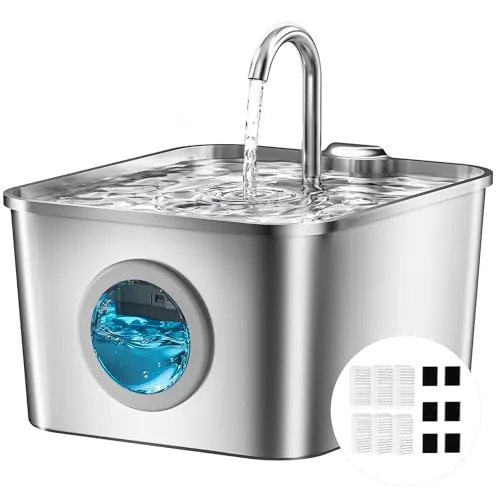 Fuente para Gatos Acero Inoxidable - 2,6L Bebedero Gatos Automatico Estilo Grifo Súper Silenciosa con Cable, Cuádruple Filtración, Fácil de Limpiar, con LED 6 Filtros y 6 Esponjas