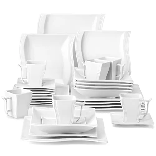 MALACASA Vajilla de Porcelana de 30 Piezas para 6 Personas, con 6 Tazas, 6 Platillos, 6 Platos Llanos, 6 Platos de Postre y 6 Platos Hondos, Serie FLORA