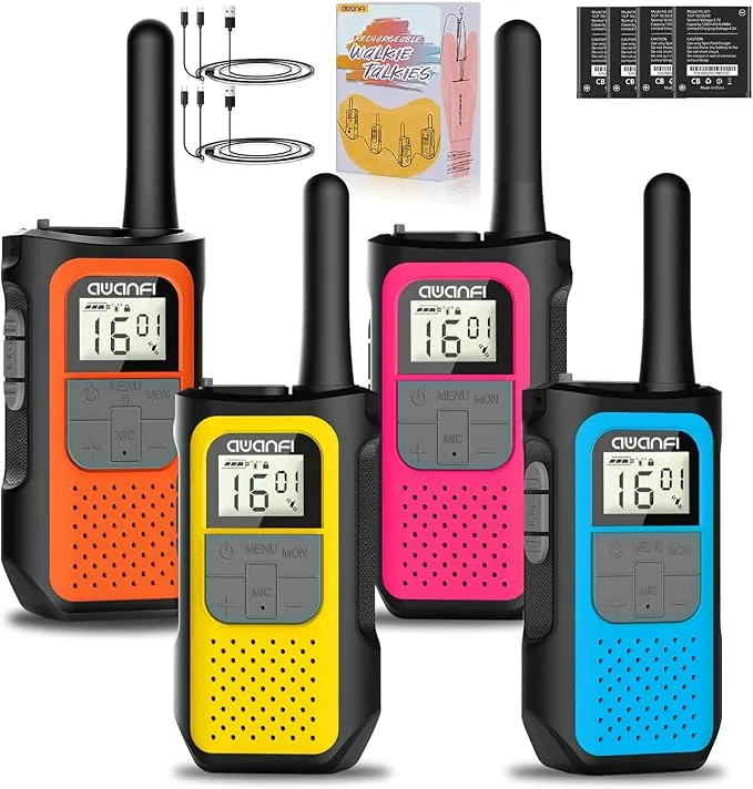 4 Piezas Walkie Talkie Recargable con 1200mAh Batería, Walkie Talkie para Adultos Niños, 16 Canales Walkie-Talkies con VOX, Walky Walky para Regalos Aventuras Camping Senderismo