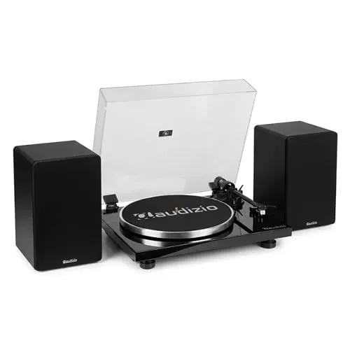 Audizio Toledo + KS01 – Tocadiscos de Vinilo con Altavoces 80W, Bluetooth, giradiscos Vinilo con cápsula Audio Technica, Plato Aluminio, RCA Incluido, Sistema HiFi Completo, Color Negro