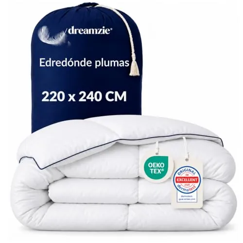 Dreamzie - Edredón de Plumas Mullido - 220x240cm - Cama 135/150 - 450gsm | Todo el año - Duvet y Plumón de Pato - Certificado Oeko-Tex, Downpass y RDS para Bienestar Animal - Ultracómodo