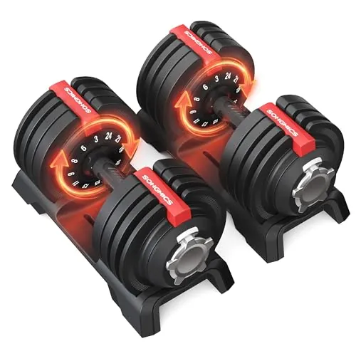 SONGMICS Juego de 2 Mancuernas Ajustables 12 en 1, Peso de 3 a 24 kg, Ahorran Espacio, Mango Antideslizante, Soporte Base, Entrenamiento de Fuerza y Fitness en Casa, Negro y Rojo SYL548R101