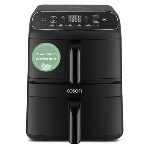 Cosori Air Fryer Turbo Tower Compacto 8,6 Litros, Freidora de Aire con Revestimiento Cerámico sin PFAS ni Teflon, Airfryer de Doble Cesta Vertical con Turbo Blaze, 6 Funciones, Recetas en App, 2600W