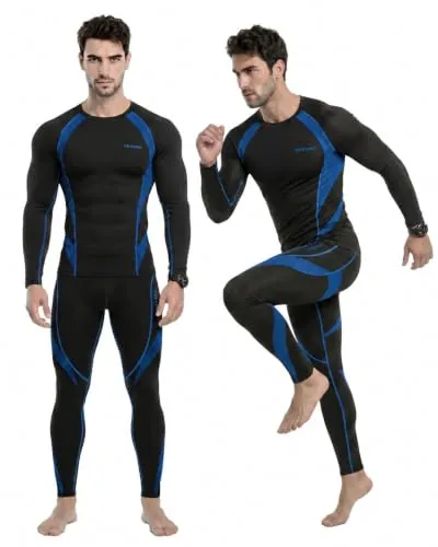 Channo Conjunto Térmico Deportivo para Hombre: Ropa Interior Térmica de Secado Rápido Camiseta de Manga Larga y Pantalón para Esquí Ciclismo e Invierno (Azul XL)
